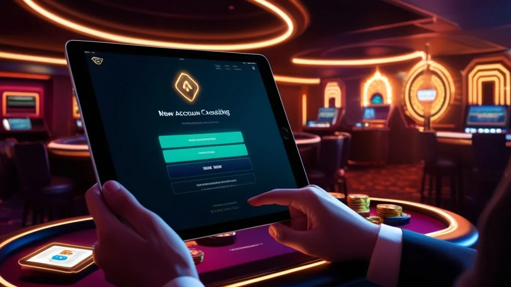 Ekran zakładania nowego profilu w kasynie online na tle neonowego lobby